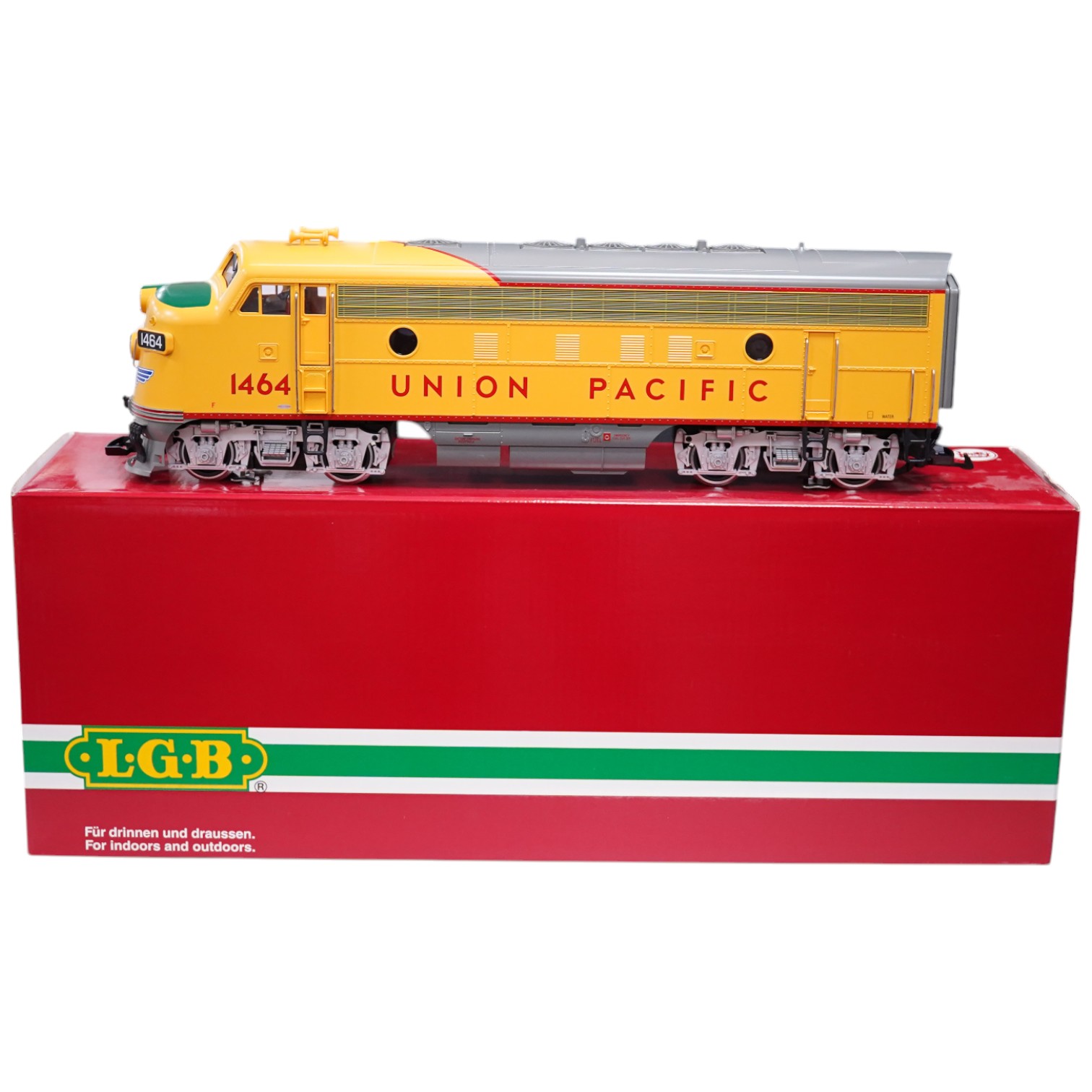 A boxed Lehman LGB (23570) G scale railway Union Pacific Bo-Bo diesel locomotive, 1464, in grey and yellow livery. Condition - good, evidence of very minor running wear only.